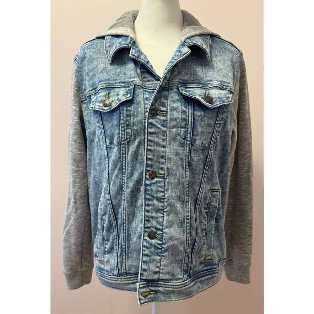 ABERCROMBIE KIDS Denim Jean Jacket Jersey Sleeves Hoodie Sweatshirt Size 13/14